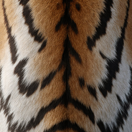 Close-up view of a tiger's fur showcases its vibrant orange and black stripes. The intricate...