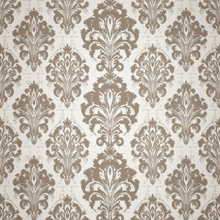 A stunning damask pattern in soft beige tones complements a pale backdrop. This design showcases intricate floral motifs, perfect for adding a touch of elegance to a living space or event setting.の写真素材