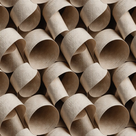 A captivating display of curled paper shapes forms a unique pattern. The soft, natural tones and intricate arrangement invite exploration of texture and design in artistic projects.の写真素材