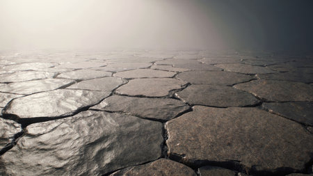 Beneath a soft fog, the parched ground reveals a mosaic of cracked soil, reflecting early morning light.の写真素材