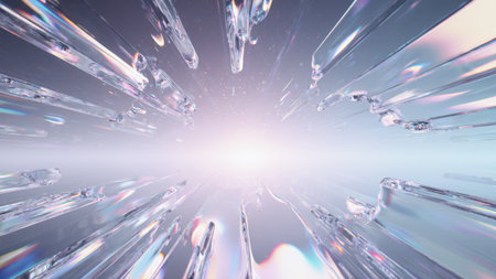 A mesmerizing scene unfolds as beams of light burst through shimmering crystal formations. The atmosphere radiates energy, creating a dreamlike experience of movement and color.の写真素材