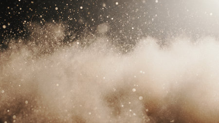 Soft clouds of dust twirl gracefully in the air, illuminated by warm sunlight. This serene scene captures the beauty of nature's hidden details. A peaceful moment in a dusty environment.の写真素材