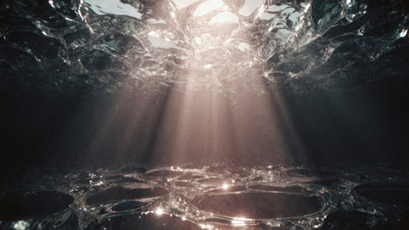 Soft beams of sunlight pierce through the water's surface, creating a serene and magical atmosphere. Bubbles rise as the water glimmers, showcasing the beauty of underwater life.の写真素材
