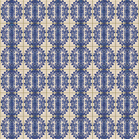 A stunning display of detailed blue and white tile patterns fills the surface, radiating artistry...