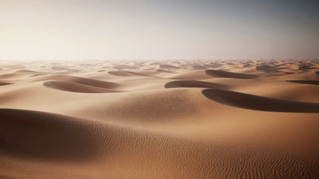 Golden dunes rise and fall, undulating like waves in a vast, sunlit desert. The air shimmers with heat, creating a peaceful and timeless atmosphere amid the sandy expanse.の写真素材