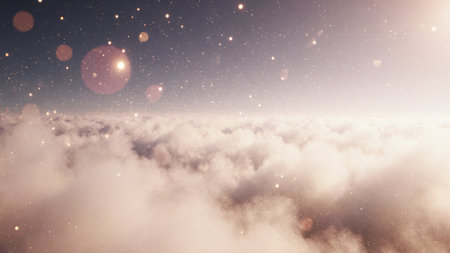 A serene morning sky filled with fluffy clouds glows gently. Stars appear twinkling above, creating a magical ambiance as dawn breaks, inviting a sense of wonder and tranquility.の写真素材