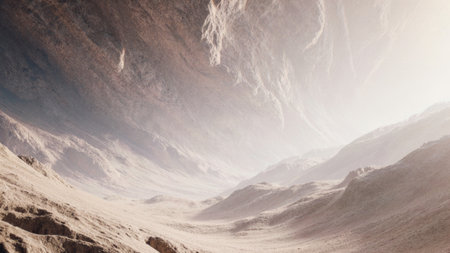 Golden sunlight bathes a vast desert valley, revealing rugged cliffs and gentle sand dunes. The early morning sky offers a soft glow, creating an inspiring and tranquil atmosphere.の写真素材