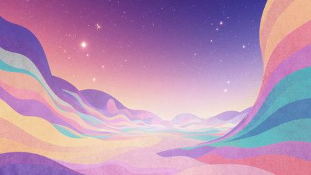 Swirling pastel colors stretch across the horizon as twilight descends, creating a serene and...