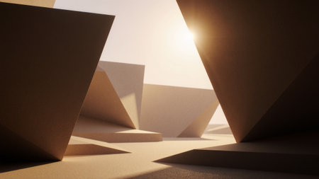 In a dreamlike setting, sharp geometric shapes rise from the ground, creating a vibrant interplay of...