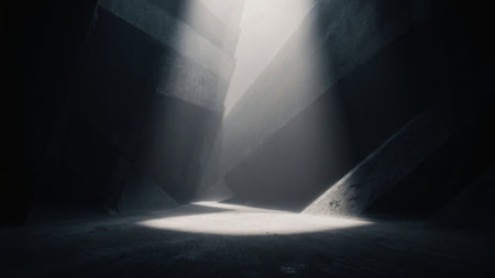 A narrow canyon glows softly as beams of light pierce through its towering walls. Shadows dance on the ground, creating a serene atmosphere full of mystery and adventure.の写真素材