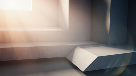 Warm sunlight streams through a rectangular window, casting soft shadows in a sleek, minimalistic interior. The clean lines and textured surfaces create a serene atmosphere that invites contemplation.の写真素材