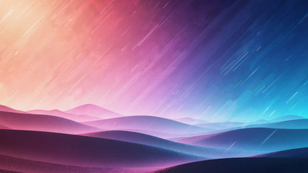 A stunning landscape features rolling hills under a vibrant sunset sky. Shades of pink, purple, and blue blend beautifully, creating a calming and magical scene.の写真素材