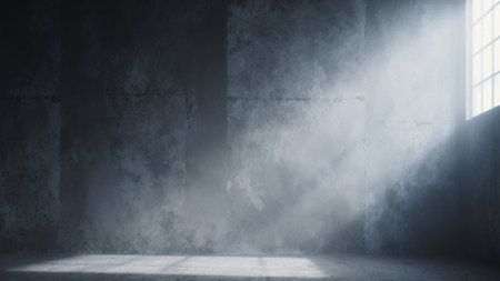 Sunlight filters through a dusty window, illuminating a worn-out room. Shadows dance softly across the cracked walls, creating a serene yet eerie atmosphere.の写真素材