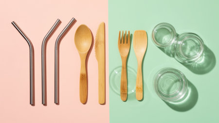 Metal straws and bamboo utensils rest on pastel backgrounds, showcasing eco-friendly dining choices....