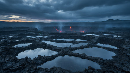 Red lava glows in the distance as steam rises from dark rock pools under a moody twilight sky. This unique natural scene showcases the beauty of volcanic activity in a remote setting.の写真素材
