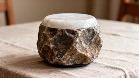 A beautifully crafted container made from rough stone and smooth marble sits on a rustic table. Its...