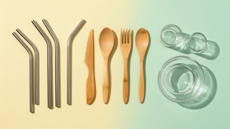 An artistic arrangement of eco-friendly utensils, including bamboo and stainless steel elements,...