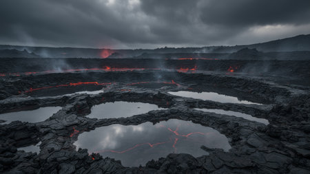 Steam rises from unique lava pools surrounded by rugged black terrain, as ominous clouds loom overhead. The fiery glow from distant eruptions adds a dramatic touch to the scene at twilight.の写真素材