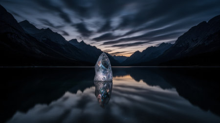 At twilight, a crystal-like rock stands alone on the calm water, reflecting the darkening sky and majestic mountains surrounding it. The peaceful scene evokes a sense of wonder and tranquility.の写真素材