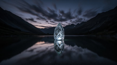 A striking crystal-like rock stands prominently in a serene mountain lake, reflecting the soft glow of the moonlight as clouds drift across the night sky. The peaceful scene invites contemplation.の写真素材