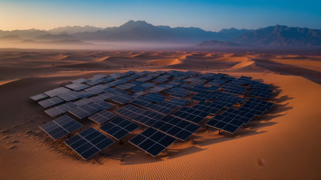Rows of solar panels glisten under the early morning sun, surrounded by endless golden sand dunes and majestic mountains in the background. The scene evokes a sense of innovation in nature.の写真素材