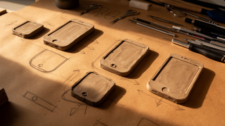 In a bright workshop, several clay phone models are arranged on a table covered with sketches....
