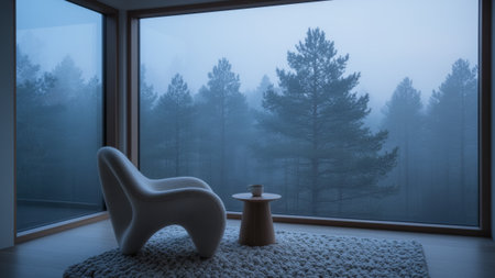 A white modern chair sits beside a small wooden table. A warm cup rests on the table while mist envelops tall trees outside. Morning light creates a calm atmosphere, perfect for relaxation.の写真素材