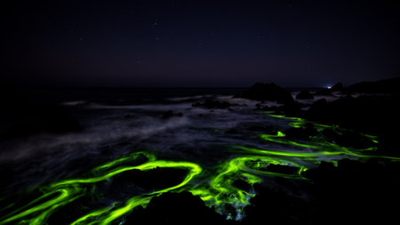 Vibrant green light glows in the ocean as waves crash against dark rocks at night. Stars twinkle above, enhancing the magical atmosphere of this coastal wonder.の写真素材