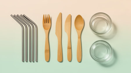 Reusable stainless steel straws, bamboo utensils, and glass jars create a stylish setting for a...