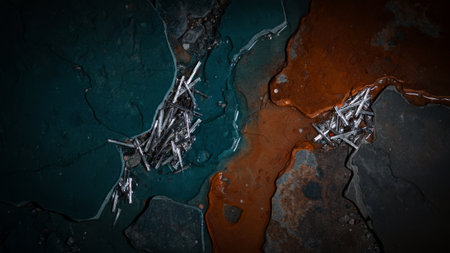 Vivid shades of blue and orange blend on a rough canvas, revealing twisted metal fragments clustered in contrasting hues. This stunning art piece inspires creativity and reflection.の写真素材