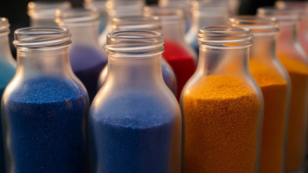 Glass bottles line up, filled with bright colored sand that sparkles under the warm glow of the...