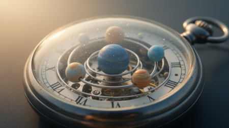 A pocket watch beautifully showcases a miniature solar system within its glass dome. Planets revolve around a central sun, highlighting the harmony of time and space in an artistic manner.の写真素材
