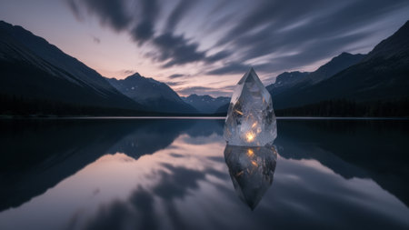 A stunning ice crystal rests on the surface of a calm lake, mirroring the majestic mountains and colorful sky during twilight. The scene captures the peaceful essence of nature in perfect harmony.の写真素材