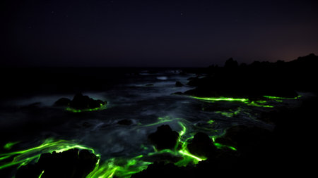 Waves light up the shoreline with a magical glow as bioluminescence illuminates the dark sea. Rocks...