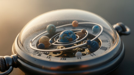 A vintage pocket watch encases a mesmerizing model of the solar system, showcasing planets in motion. Sunlight glimmers on the glass dome, highlighting intricate details of the mechanism below.の写真素材