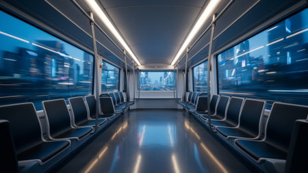 A quiet subway car moves through a bustling city as dawn breaks, revealing a stunning skyline beyond the glass windows. The scene is calm, capturing the early morning hush and anticipation.の写真素材