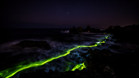 Vibrant green light spills over dark rocks as waves crash gently on the shore, creating a magical scene under a clear star-filled sky at night.の写真素材