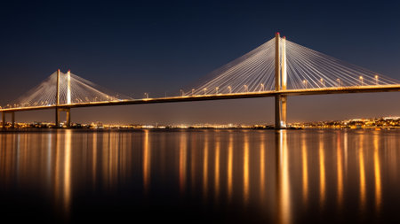 A stunning bridge features intricate cables and lights shimmering on the still water below, creating...