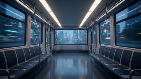 The sleek interior of a subway car reveals empty seats and large windows showcasing a vibrant city...