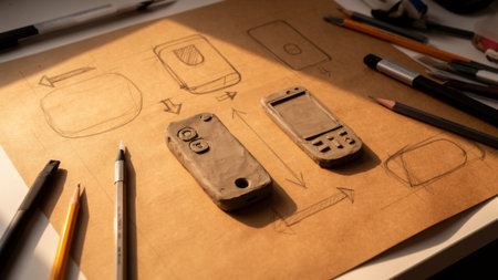 A workspace filled with sketches and clay models of mobile phones shows an artist's imaginative...