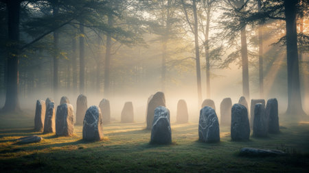 Early morning light breaks through the trees, illuminating a circle of standing stones in a tranquil forest. Mist swirls around, creating an ethereal atmosphere filled with ancient whispers.の写真素材