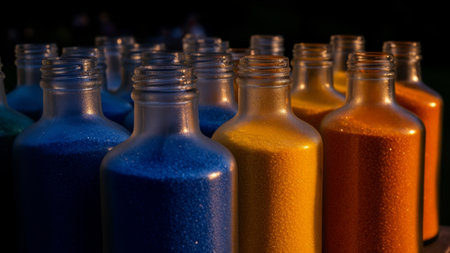 Rows of glass bottles filled with brightly colored sand sparkle as dusk approaches. The warm evening...