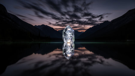 A stunning natural landscape captures a large crystal glimmering on calm waters. The twilight sky fills with soft clouds, creating a peaceful evening ambiance against the mountain backdrop.の写真素材