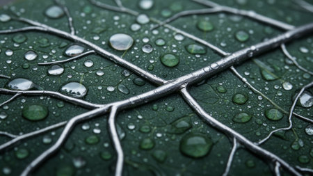 Raindrops cling to the surface of a vibrant green leaf, reflecting light and creating a beautiful...