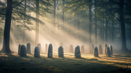 In a serene forest, ancient standing stones rise from the ground, shrouded in mist. Soft sunlight...