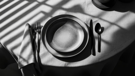 A beautifully arranged table features a simple plate and cutlery. Soft morning light filters...
