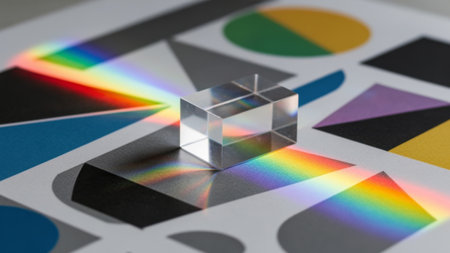 A glass prism sits on colorful geometric designs, casting a beautiful rainbow across the surface. This scene captures the magic of light as it interacts with shape and color in an artistic setting.の写真素材