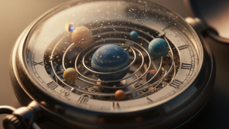 This intricate watch features a miniature solar system within it. Planets rotate gracefully around a central sun, surrounded by sparkling cosmic dust, evoking a sense of wonder and time's passage.の写真素材