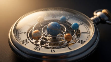 A stunning timepiece features a detailed solar system model. The planets orbit gracefully, illuminated by sunlight. Clockwork gears are visible, creating a magical fusion of time and space.の写真素材