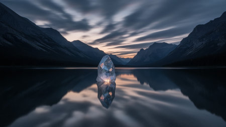 A stunning crystal sits on the calm waters of a mountain lake as twilight approaches. The sky is filled with swirling clouds, reflecting colors of dusk on the smooth surface.の写真素材